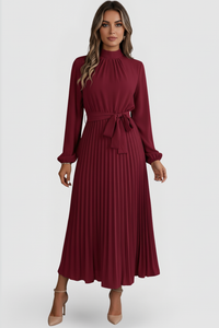 Emilia | Damen Plissee Midikleid Langarm in Rot