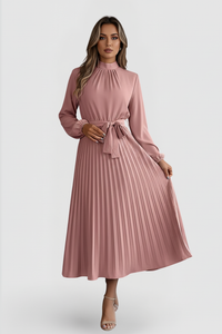 Emilia | Damen Plissee Midikleid Langarm in Rosa