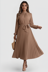 Emilia | Damen Plissee Midikleid Langarm in Khaki