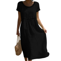 Emilia | Leinenlook-Midikleid mit Spitze in Schwarz