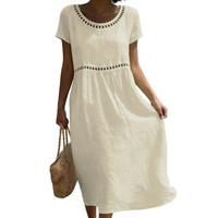 Emilia | Leinenlook-Midikleid mit Spitze in Beige
