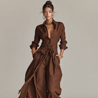 Petra | Damen Leinenmischung Jumpsuit Gürtel Hemdkragen Natural Casual in Braun
