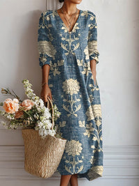Esperanza | Damen Blumenkleid V-Ausschnitt Langarm Midi in Wasserblau