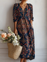 Esperanza | Damen Blumenkleid V-Ausschnitt Langarm Midi in Dunkelblau
