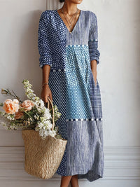 Esperanza | Damen Blumenkleid V-Ausschnitt Langarm Midi in Himmelblau