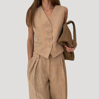 Evadne | Damen Ärmellose Weste Weit Hose Set in Khaki