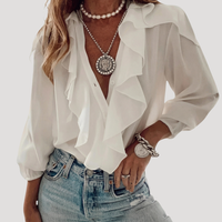 Evangelia | Damen V-Neck Rüschen Bluse mit Langarm in Weiß