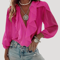 Evangelia | Damen V-Neck Rüschen Bluse mit Langarm in Rosa