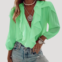 Evangelia | Damen V-Neck Rüschen Bluse mit Langarm in Grün