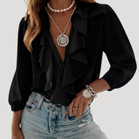 Evangelia | Damen V-Neck Rüschen Bluse mit Langarm in Schwarz