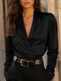 Evangeline | Damen Wickelbluse Langarm V-Ausschnitt in Schwarz