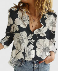 Evelina | Damen Blumendruck V-Ausschnitt Langarm Bluse in Schwarz 2