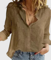 Evelina | Damen Blumendruck V-Ausschnitt Langarm Bluse in Braun