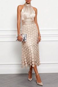 Céline | Damen Halter Midi Kleid in Champagner