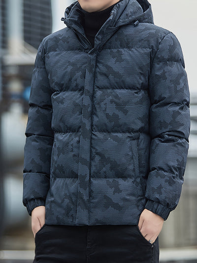 Warme Baumwoll-Steppjacke im Camouflage-Stil mit abnehmbarer Kapuze für Herren | Ideal für den Winter