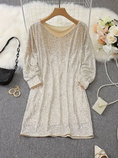 Stilvolles apricotfarbenes Pailletten-Kleid mit V-Ausschnitt und langen Ärmeln für Damen | Ideal für den Sommer