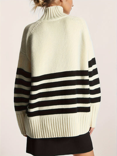 Schulterfreier Grobstrickpullover aus Baumwolle mit Streifenmuster und Lockerem Schnitt für Damen | Ideal für den Winter