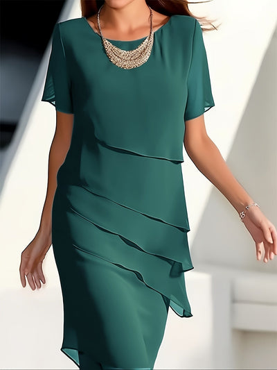 Stilvolles Kleid mit Schichtverzierungen, Rundhalsausschnitt und kurzen Ärmeln für Damen | Ideal für den Sommer