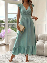 Alina | Damen Maxikleid V-Ausschnitt Rüschen Saum Romantisch Sommer in Seeschaumgrün