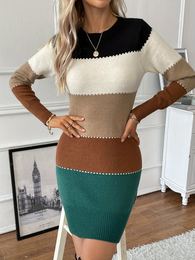 Stilvolles Baumwollkleid mit Farbblock-Design, langen Ärmeln und Rundhalsausschnitt für Damen | Ideal für den Sommer