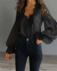 Alena | Damen Bluse Elegant Spitzendetails Feminin Raffiniert Business in Schwarz