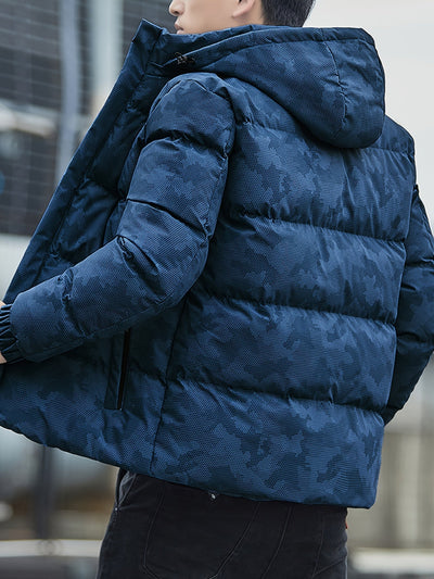 Warme Baumwoll-Steppjacke im Camouflage-Stil mit abnehmbarer Kapuze für Herren | Ideal für den Winter