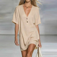 Fabiana | Damen V-Ausschnitt Kurzarm Minikleid in Beige