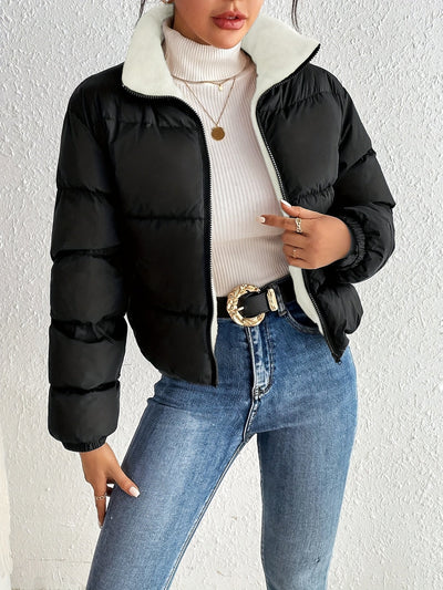 Warmer Schwarzer Wintermantel Mit Flauschigem Futter Und Reißverschluss Für Damen |  Ideal für den Winter