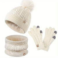 3-teiliges Winterset für Damen mit Mütze, Schal und Handschuhen in Weiß