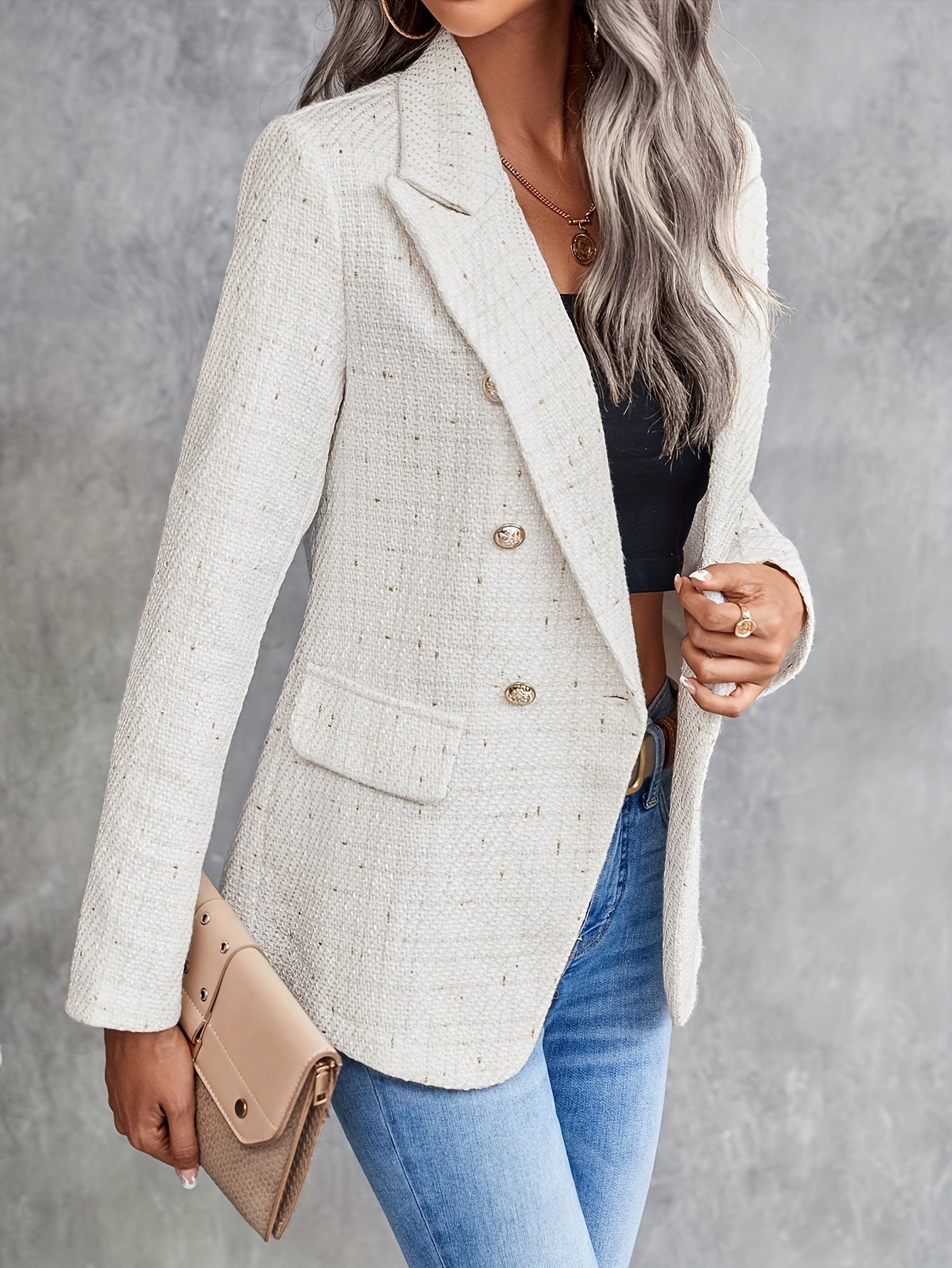 Eleganter Tweed-Doppelreiher-Blazer Mit Reverskragen In Beige Für Damen |  Ideal für das tägliche Tragen