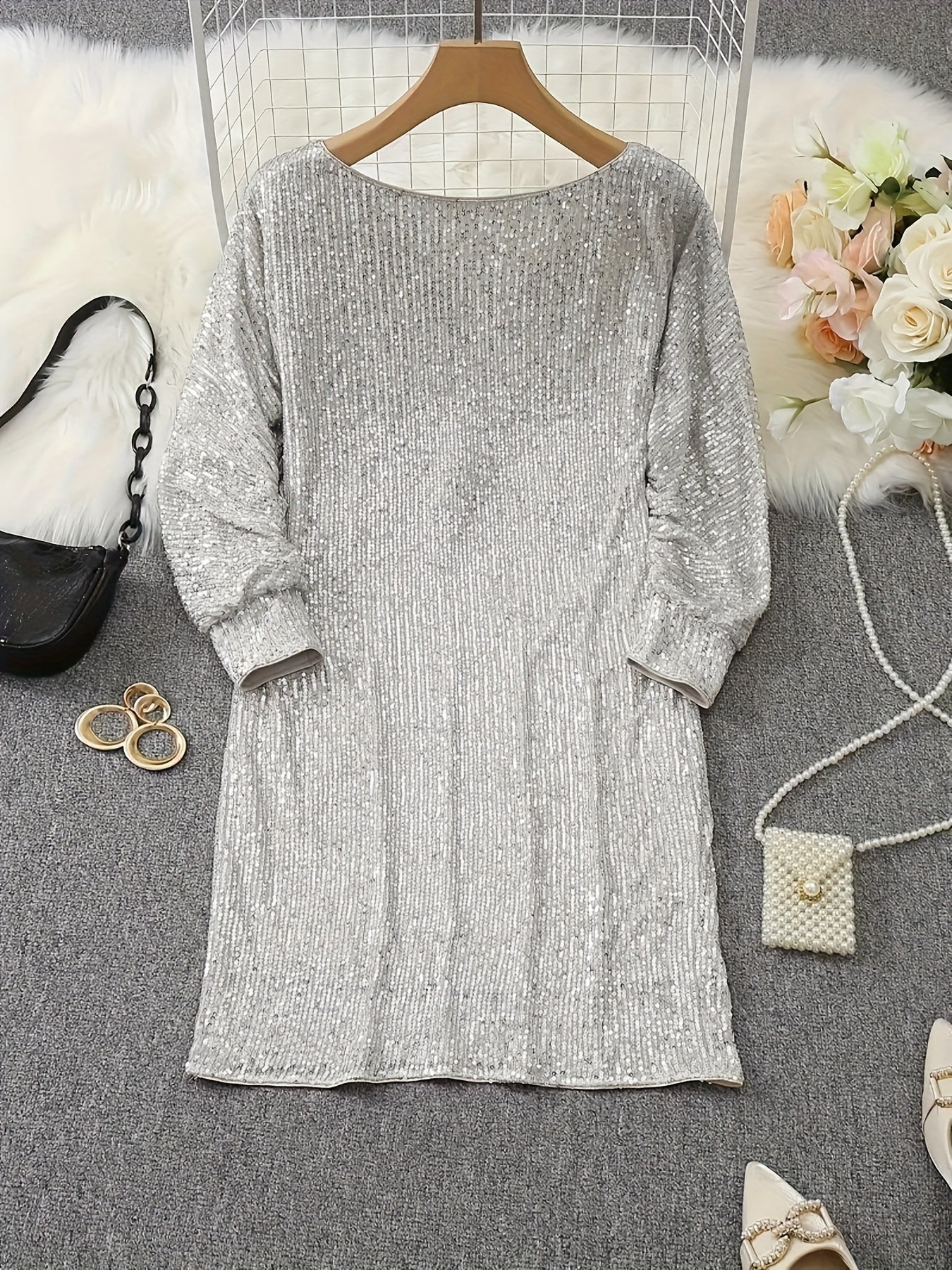 Casual Kontrast Pailletten V-Ausschnitt Langarm Party Wear festliches Kleid für Damen | Ideal für den Sommer