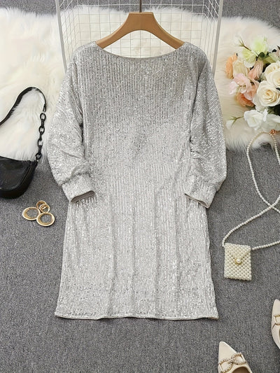 Casual Kontrast Pailletten V-Ausschnitt Langarm Party Wear festliches Kleid für Damen | Ideal für den Sommer