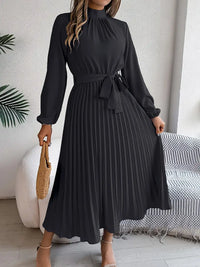 Damen Langarm Falten Kleid mit Gürtel in Schwarz