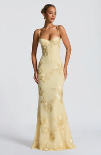 Vivienne | Damen Figurbetones Maxikleid Spitze Elegant Festlich Abend in Gelb