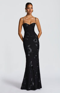 Vivienne | Damen Figurbetones Maxikleid Spitze Elegant Festlich Abend in Schwarz