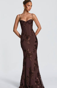 Vivienne | Damen Figurbetones Maxikleid Spitze Elegant Festlich Abend in Braun