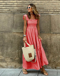 Fiona | Damen Smocked Gingham Maxikleid in Rot