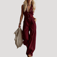 Fiora | Damen Jumpsuit Weites Bein Ärmellos V-Ausschnitt in Dunkelrot