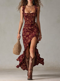 Franziska | Damen Blumen Maxikleid Spaghettiträger in Rot