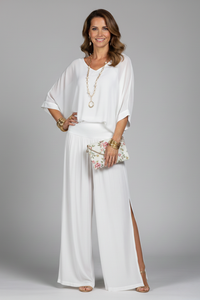 Franziska | Damen V-Ausschnitt Zweiteiler Set mit weiter Hose in Weiß