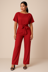 Frieda | Damen Kurzarm Jumpsuit Weites Bein in Rot