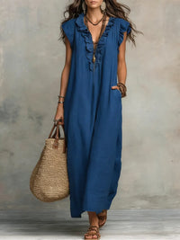 Frieda | Damen Rüschen Maxikleid Ärmellos in Blau