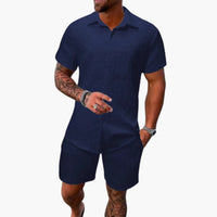 Friedrich | Herren Kurzarm Hemd Shorts Set in Marine Blau