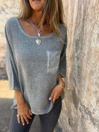 Nadine | Damen 3/4-Arm-Shirt Rundhals mit Brusttasche in Grau