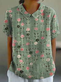 Noémie | Damen Bluse Hanfgewebe Herbst Blumenmuster Natürlich Casual in Grün