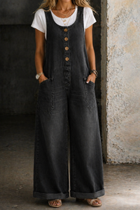 Greta | Damen Ärmellos Overall mit Knöpfen in Schwarz