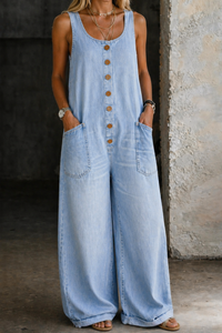 Greta | Damen Ärmellos Overall mit Knöpfen in Hellblau
