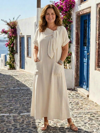 Gundula | Damen Rundausschnitt Kurzarm Maxikleid in Beige