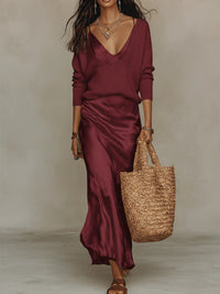 Hannah | Satin-Midikleid mit Pullover-Set in Rot