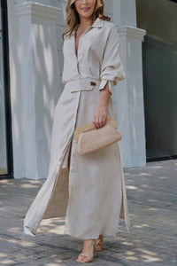 Hannelotte | Damen Blusenkleid Maxikleid mit Gürtel in Beige